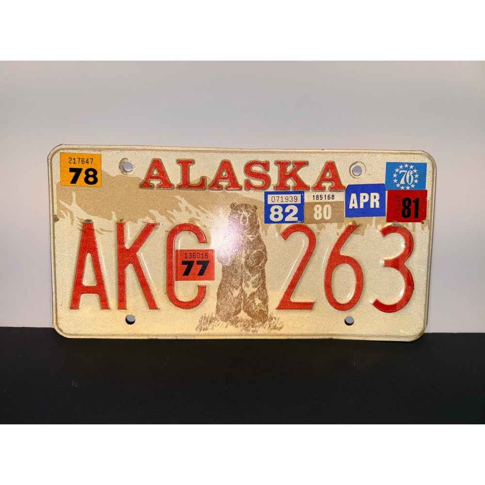 Vintage Alaska License Plate AKC 263 Grizzly Bear 1977-1982 Bicentennial Sticker